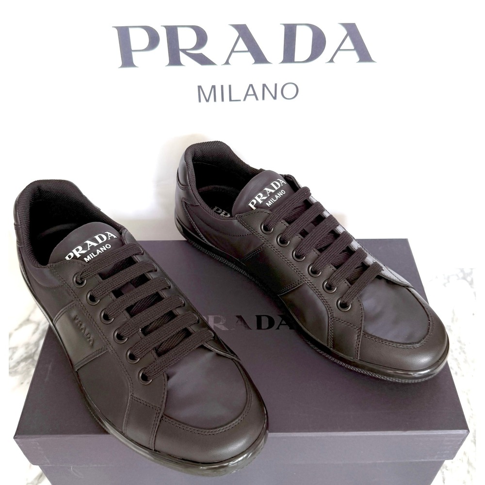 PRADA 2EG355 Blue Black Leather Re-Nylon Sneakers Shoes - NEW - US 8.5 UK 7.5